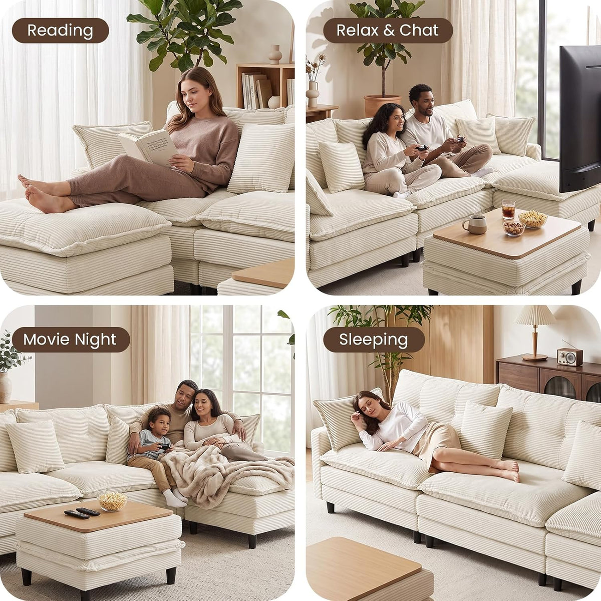 Corduroy Storage Ottoman Coffee Table for Modular Sectional Couch, Corduroy F...