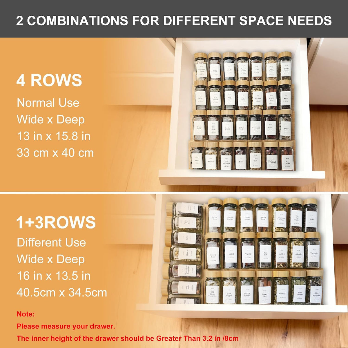 Spice Drawer Organizer with 28 Bamboo-lidded Spice Jars and 216 Labels,Non-sl...