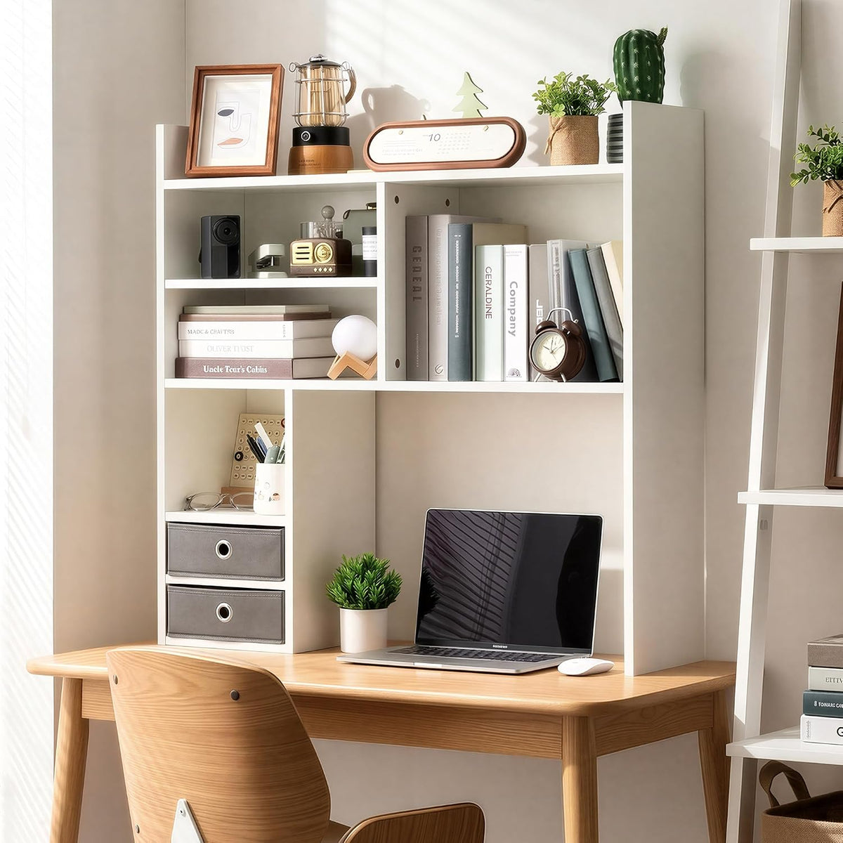 deli Desktop Bookshelf, High-Capacity Desk Hutch Organizer, White