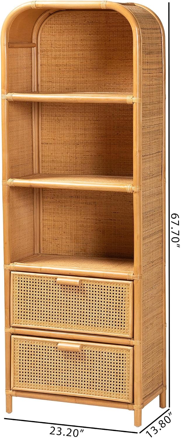 Bali & pari Curacao Modern Bohemian Light Honey Rattan 2-Drawer Bookcase