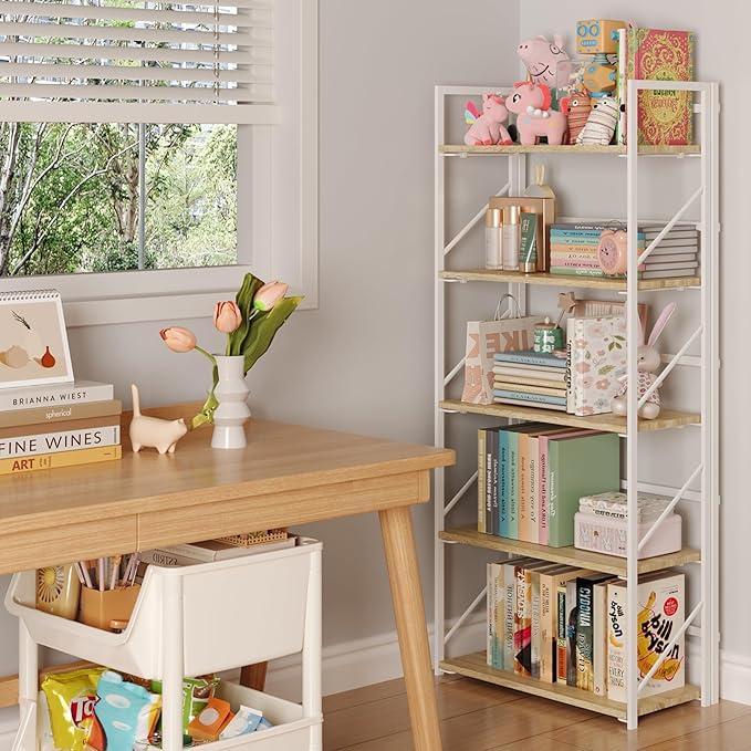 JSB No Assembly Folding Bookshelf, 5 Tier Industrial Metal Book Shelf - Image 4