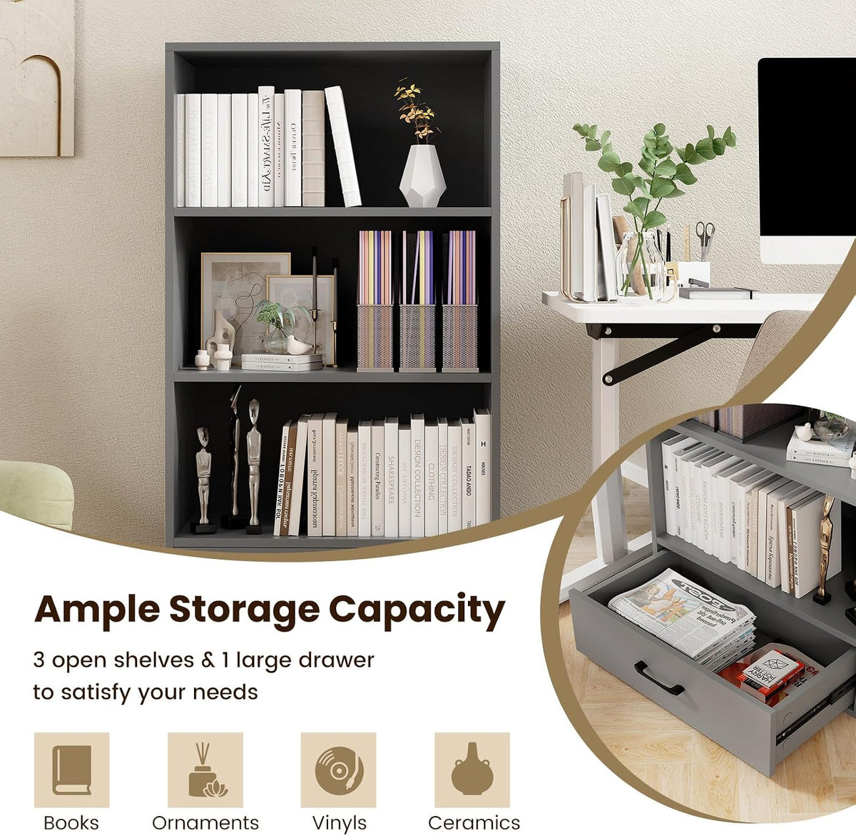Tangkula 3 Tier Bookcase with Drawer, 42.5”Tall Freestanding Bookshelf with 3...