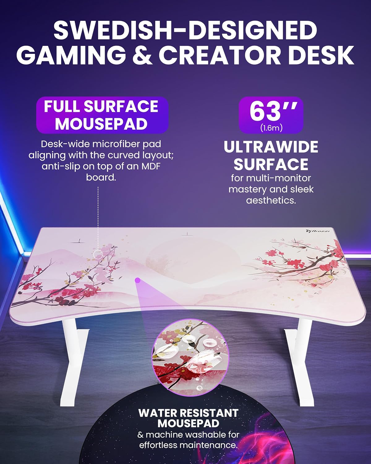 Arozzi Arena Special Edition Ultrawide Curved Gaming and Office Desk with Ful...