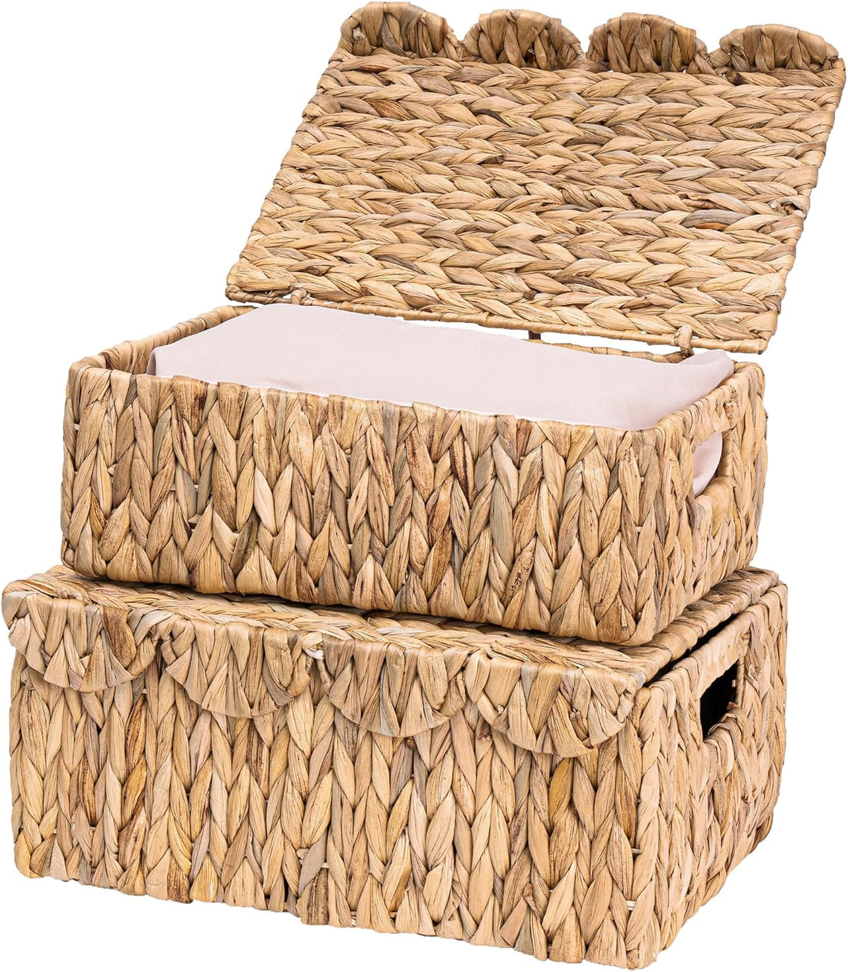Set of 2 Rectangle Scalloped Edge Wicker Storage Basket with Lid