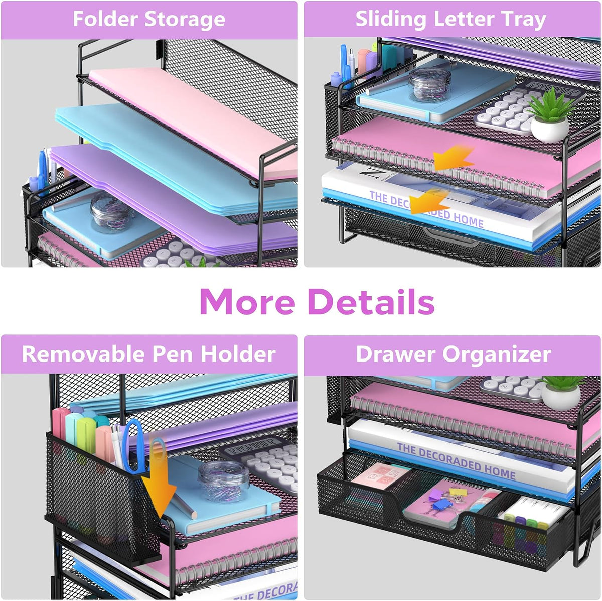7-tier desk organizer with drawer and pen holder, close-up detail