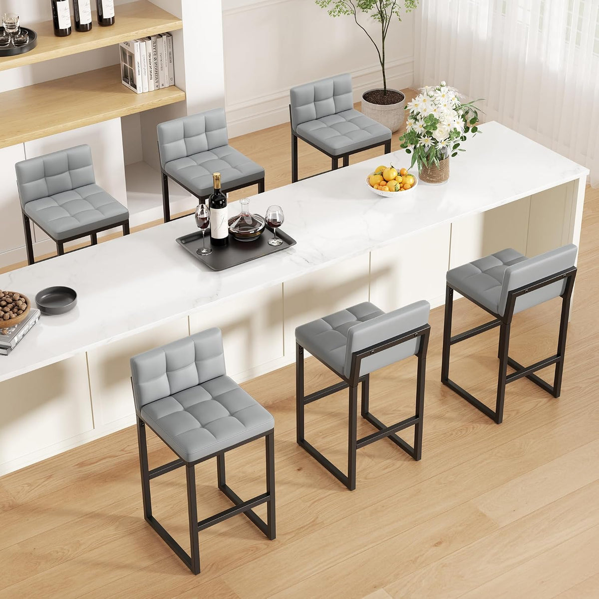 Bar Stools Set of 6, Modern Counter Height Bar Stools, Light Grey