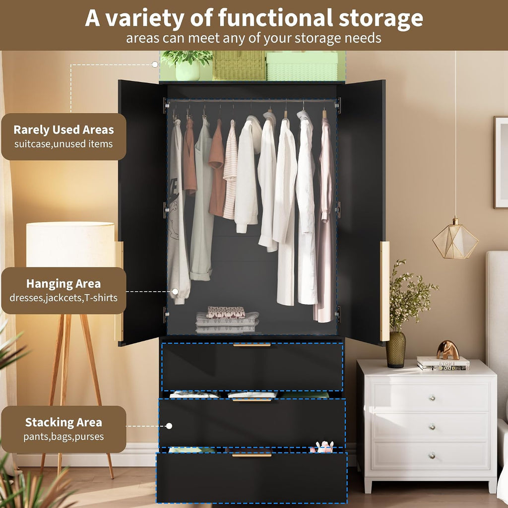 garveehome 70" wardrobe armoire wooden closet with 3, side view