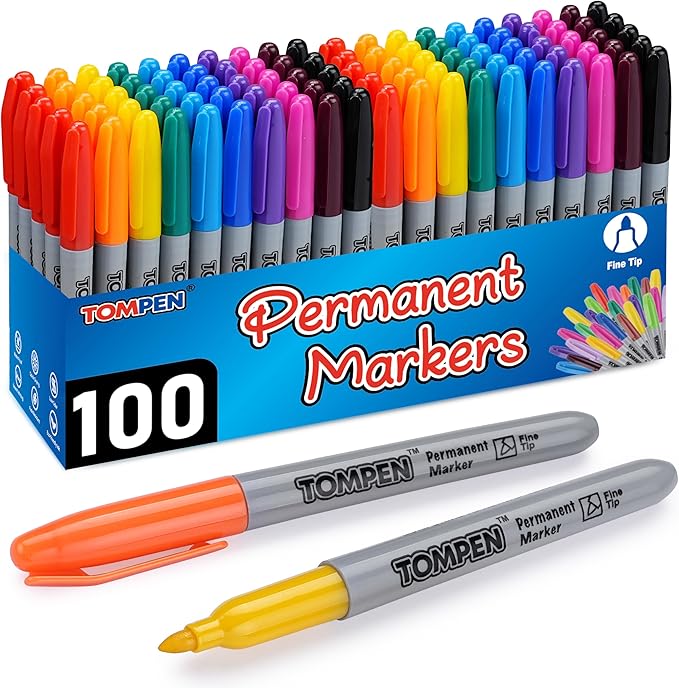 TOMPEN Permanent Markers Fine Tip 100 Pack Bulk, 10 Assorted Colors, Waterproof by TOMPEN
