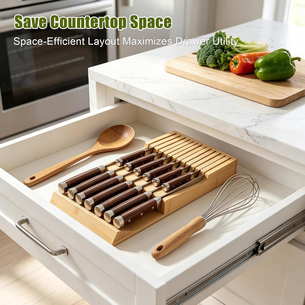 Bamboo Kitchen Drawer Knife Block, In drawer Knife Holder, Knife Drawer Organ...