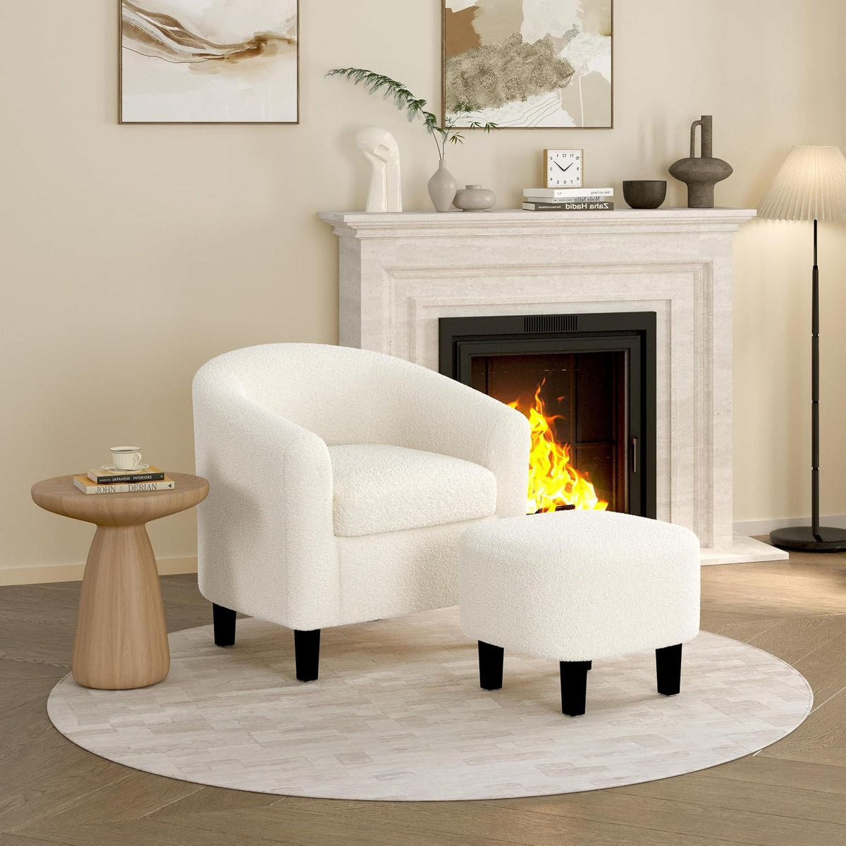 Yaheetech Accent Chairs with Ottoman Set of 2, Boucle Fabric, Ivory