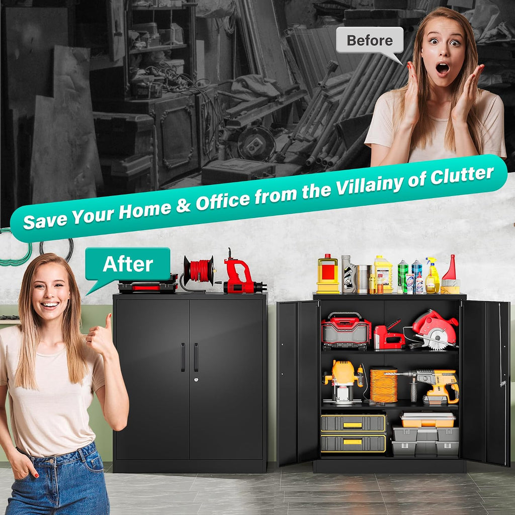 Metal Storage Cabinet Locked Steel Cabinet with 2 Adjustable Shelves,Office Cabinet Locking Tool Cabinets,Kitchen Storage Cabinets Metal Locker Small Counter Height Storage Cupboard 36" H