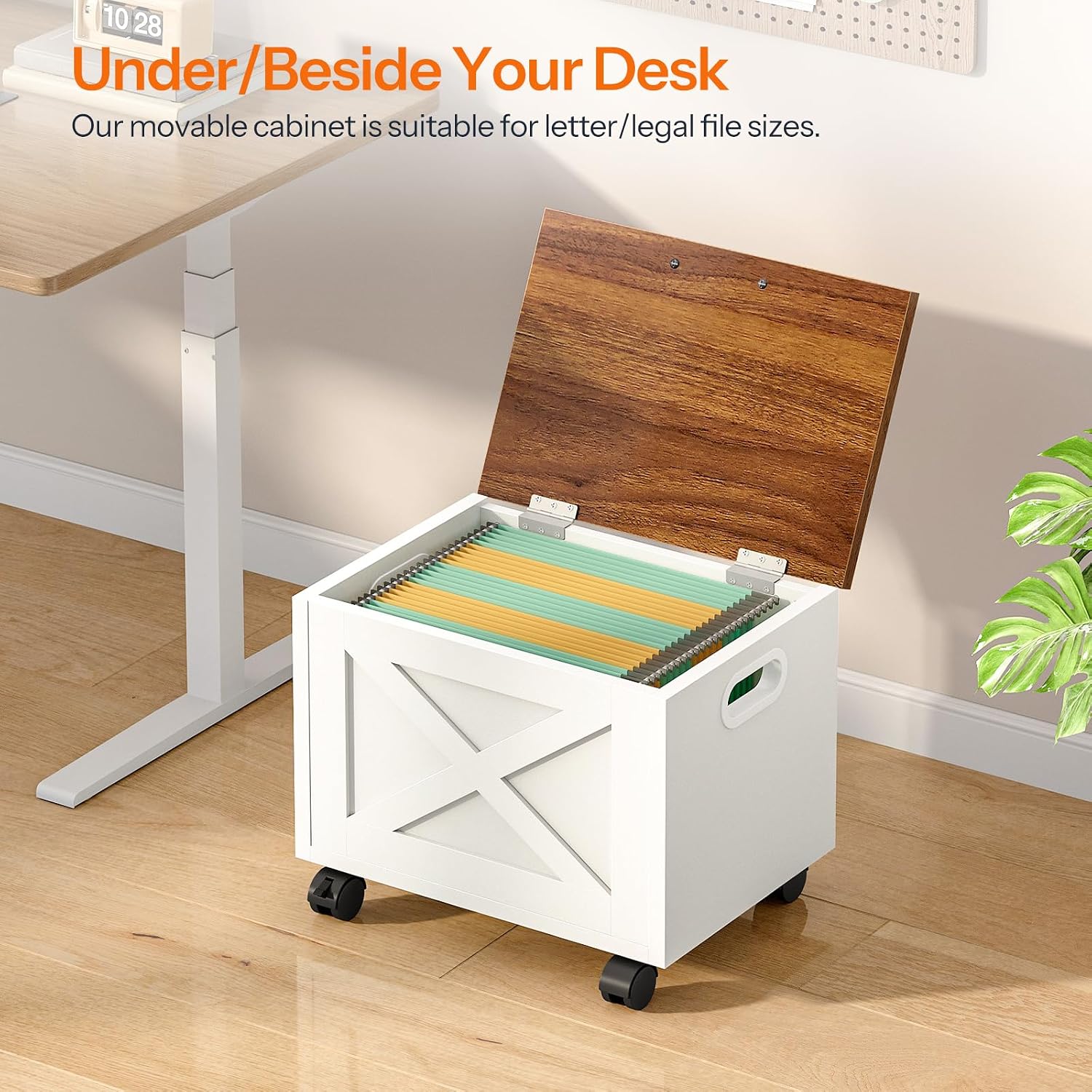 HOOBRO File Cabinet, Under Desk Small Filing Cabinet, Rolling File Cart with Lid, Hanging File Organizer on Wheels, Filing Storage Cart, for Study, Home Office, White and Walnut WH33WJ01