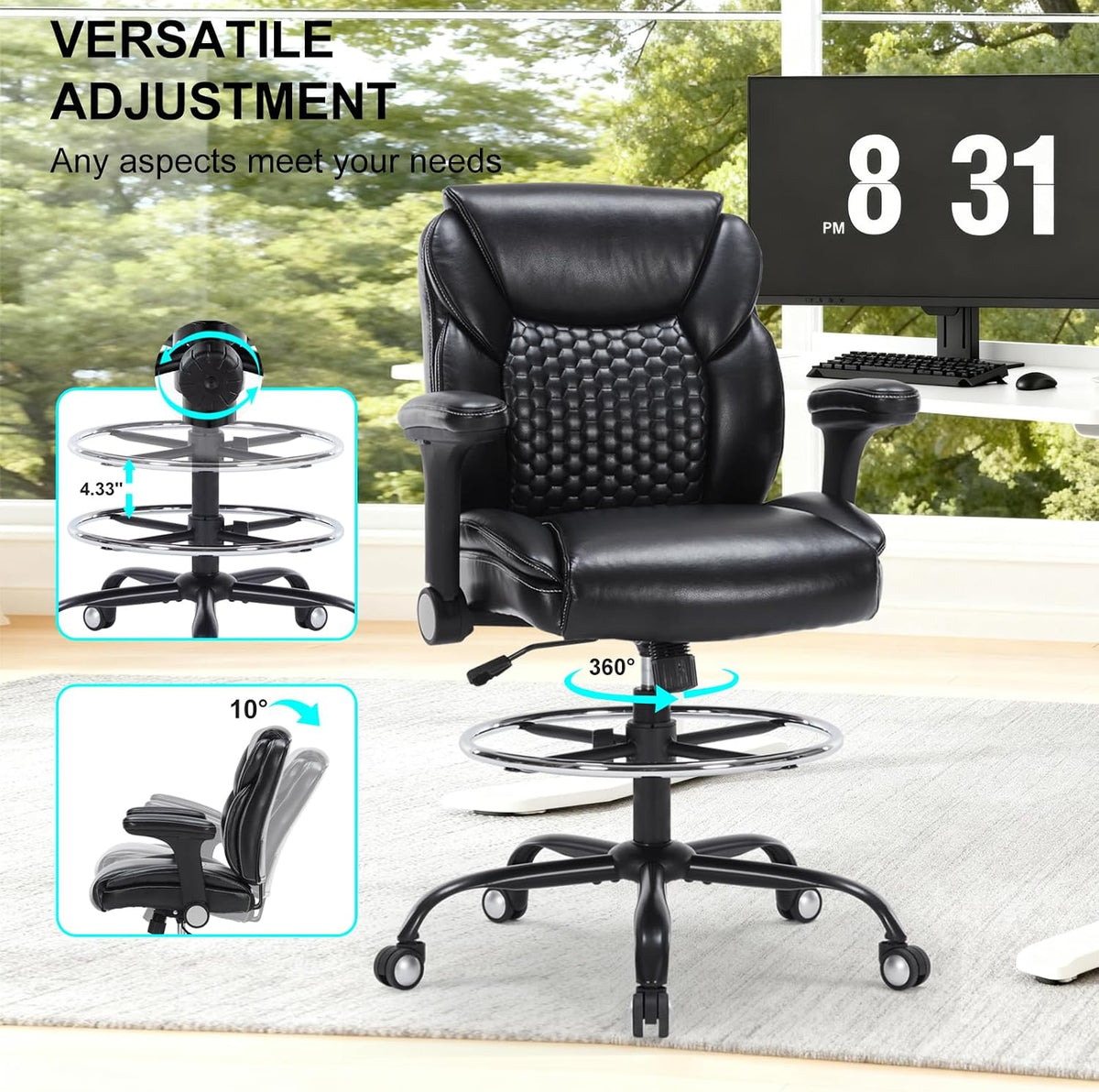 Drafting Chair, Tall Office Chair with Adjustable Armrests Mid-Back Standing ...