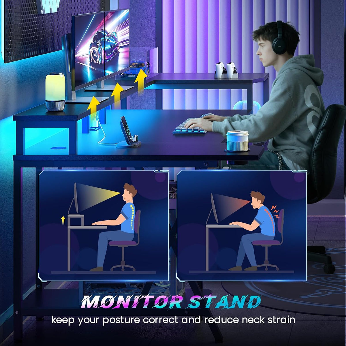 SEDETA Gaming Desk 70.8'' with LED Lights, Storage Shelves,Power Outlets