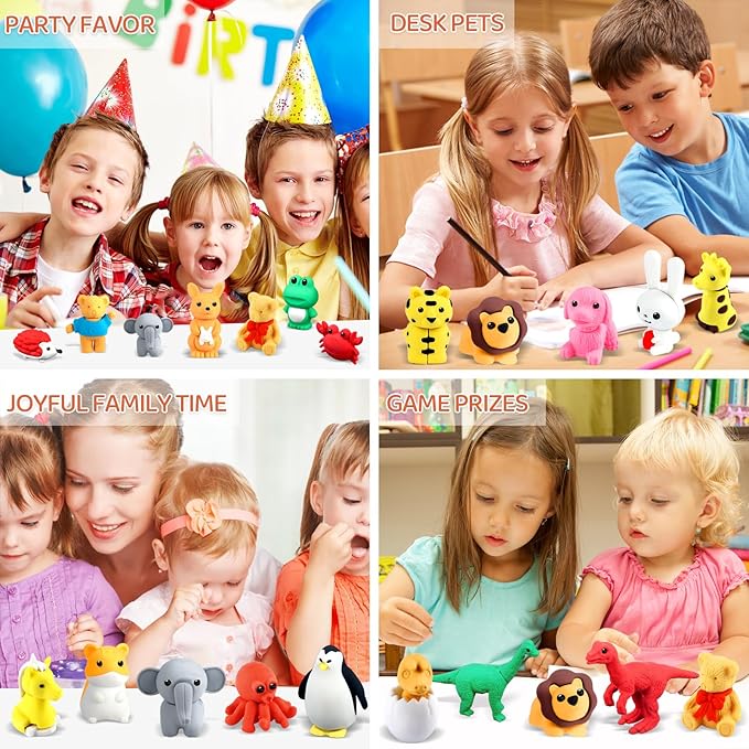 URSKYTOUS 60Pcs Animal Erasers Kids Desk Pets Pencil Erasers 3D Puzzle Bulk - Image 4