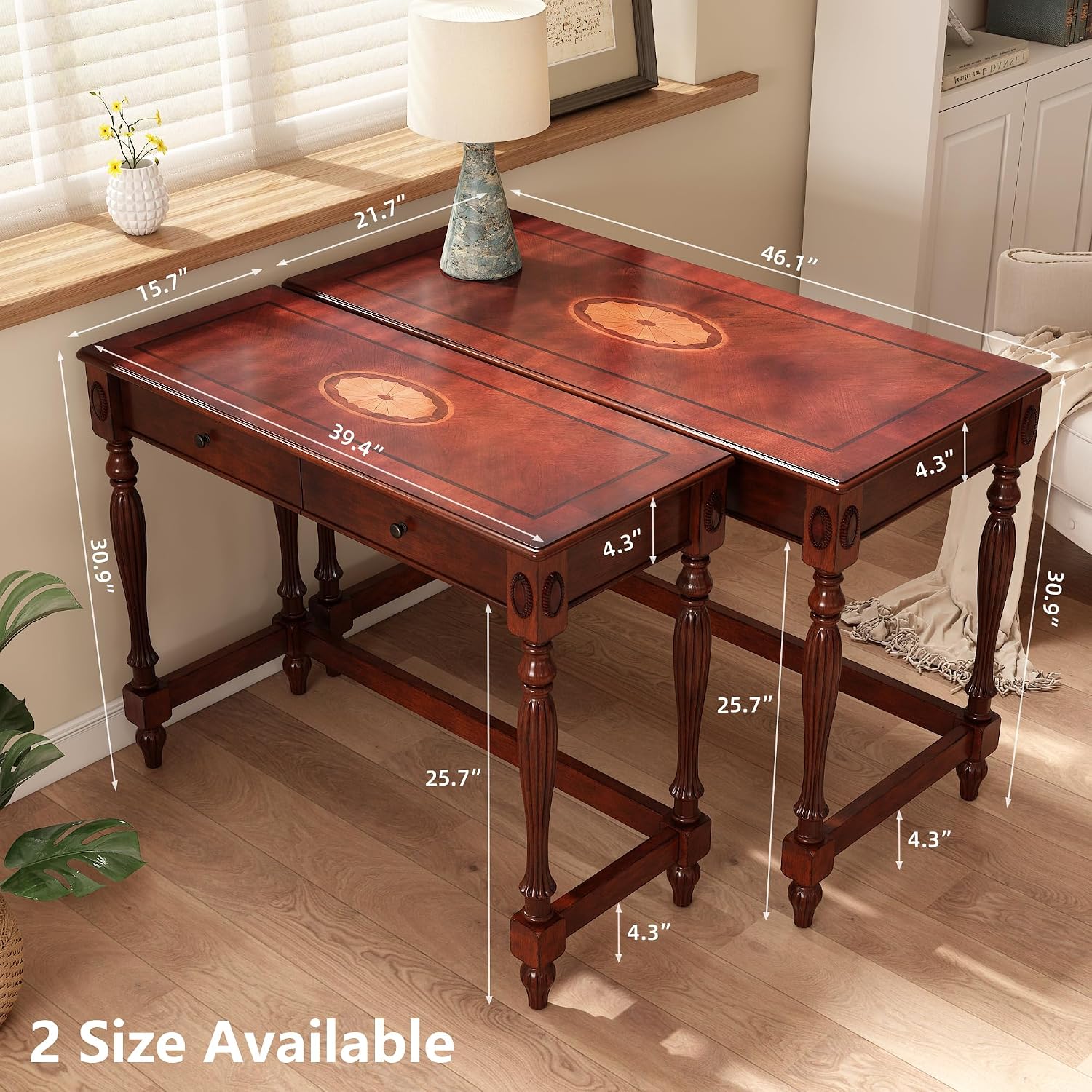Wood Writing Desk Stool Set, Small Secretary Desk Set-Cheery&Brown | Vintage Vanity Makeup Table Set, 39.4" W Wood Computer Desk Chair Set for Home Office, 2 Drawers Desk&Button-tufted Stool Set
