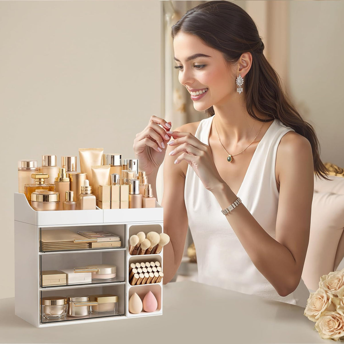 HBlife Makeup Organizer Countertop with Brush Holder, Large Bathroom Counter ...