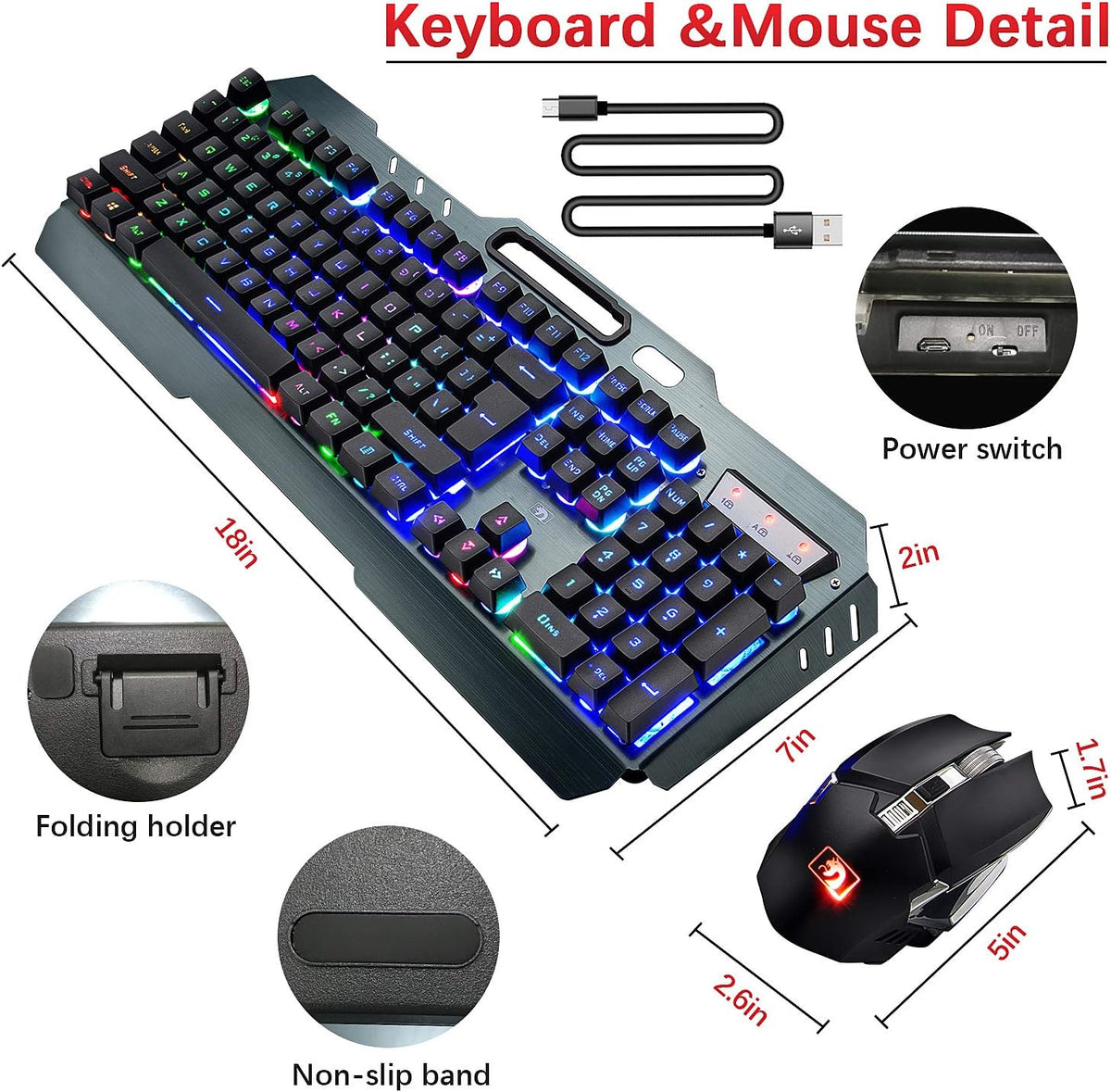 Wireless Gaming Keyboard and Mouse Combo,3 in 1 Rainbow LED Rechargeable Keyb...
