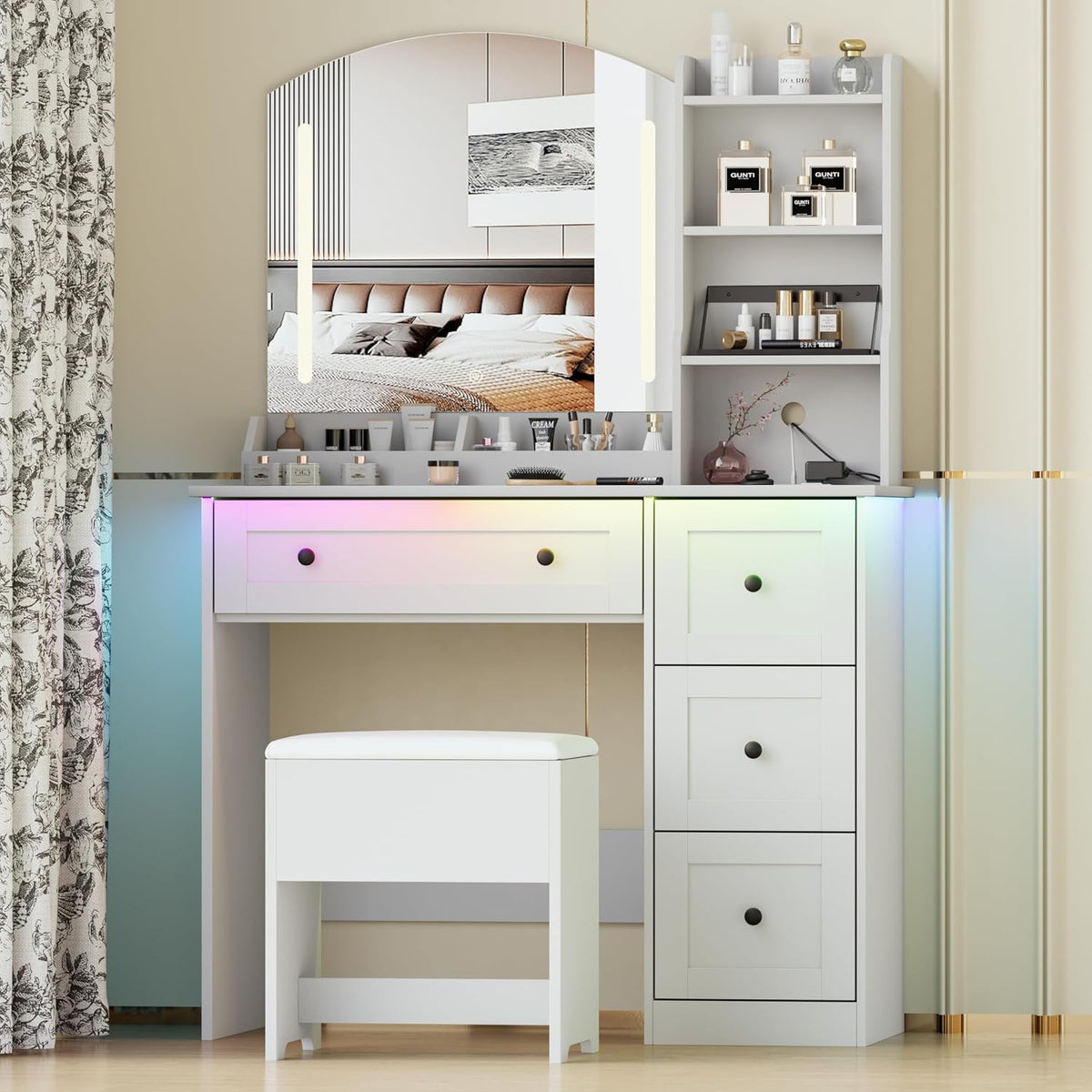 Vanity Desk with Mirror and Lights & Power Outlet, Makeup Vanity Set, White