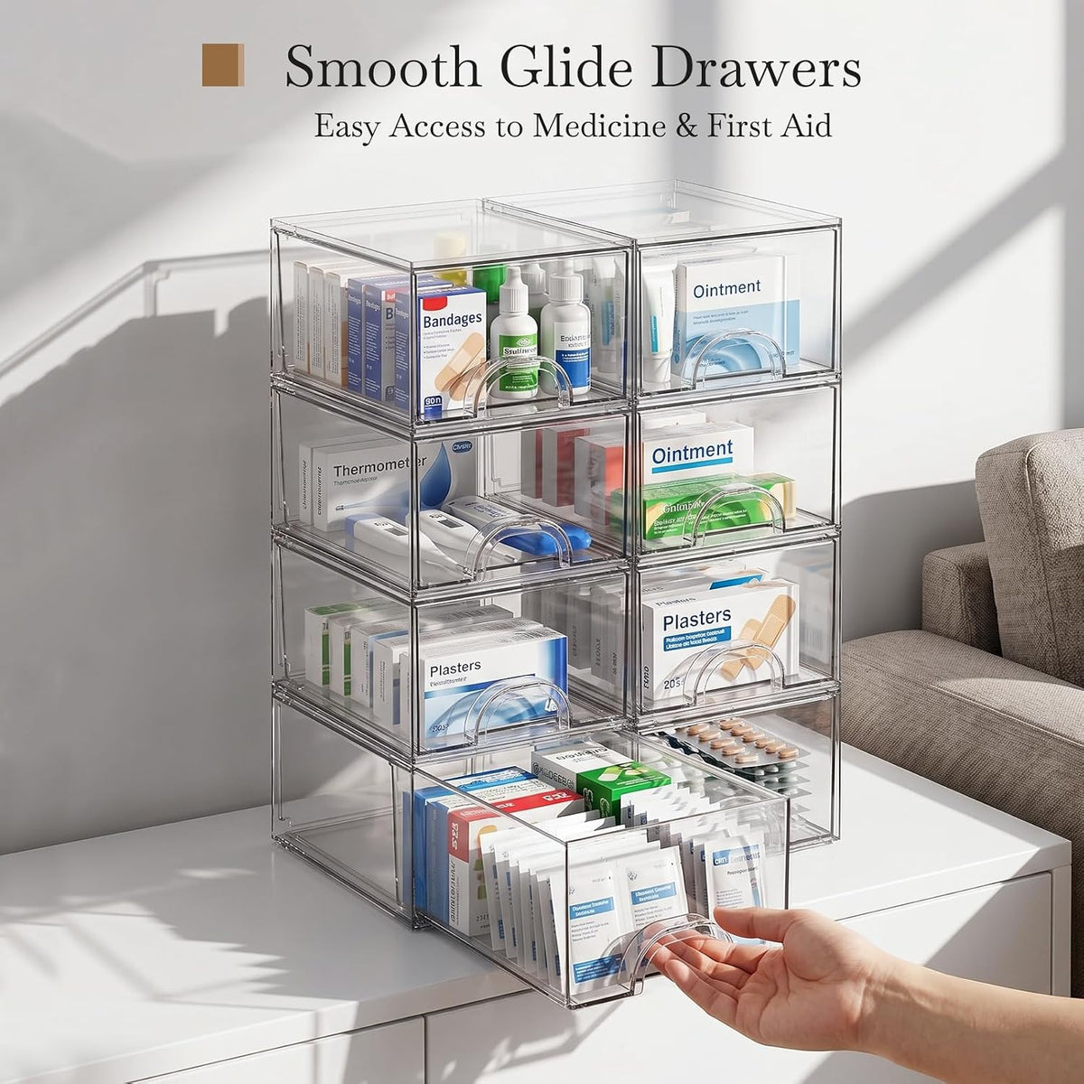 small clear stackable acrylic storage boxes & drawers showing dimensions
