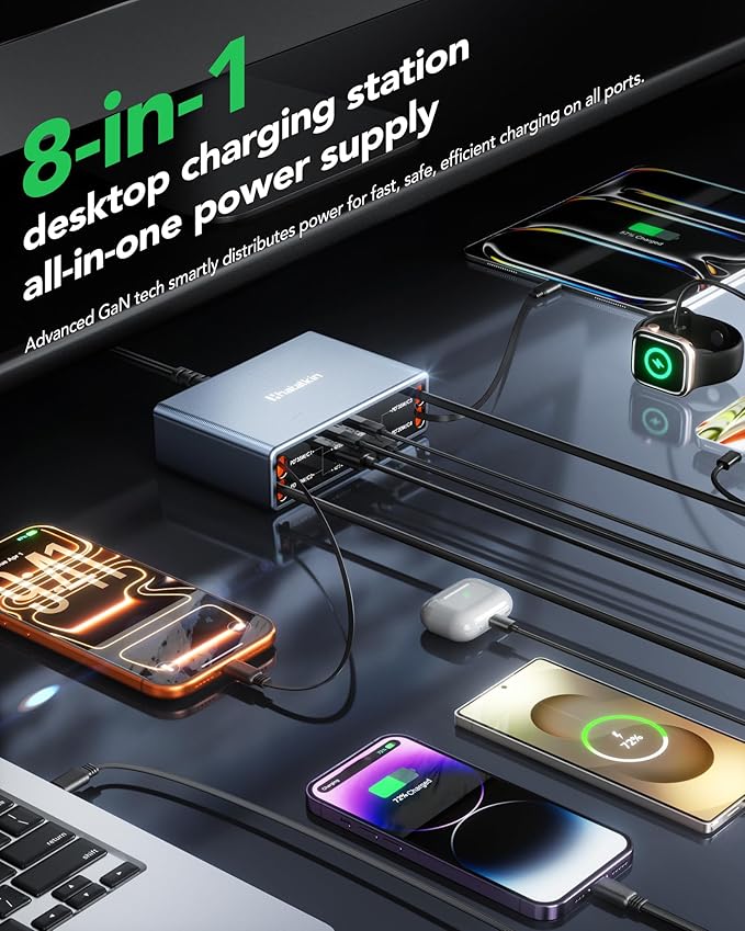 8-in-1 Retractable USB C Charger Block, 105W Gan Usbc Fast Charging Station Hub - Image 4