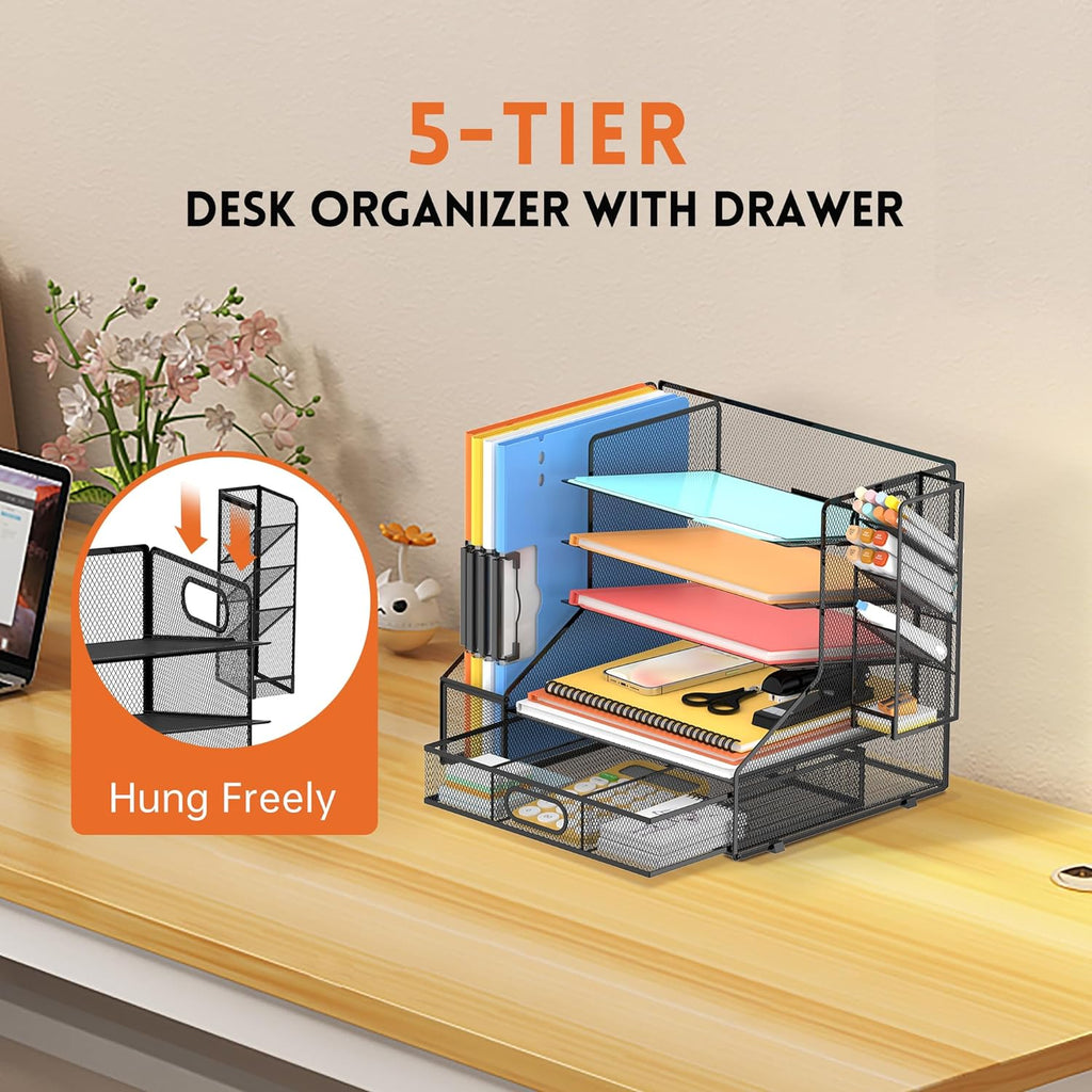 5-tier desk organizer with file holder & pen, side view