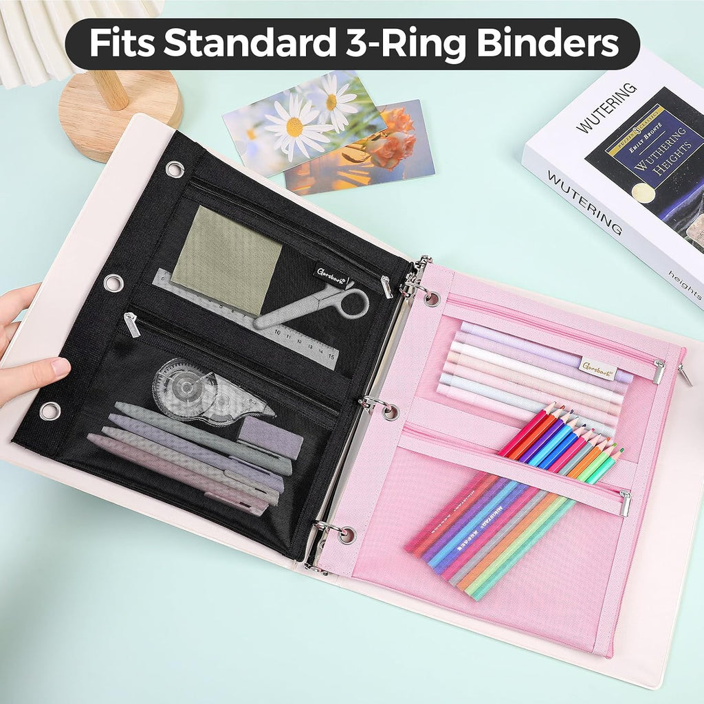 3-Ring Binder Pencil Pouch, Zipper Organizer with 3 Compartments, Mesh Window & Metal Grommets, Durable Oxford Pen Case for School Office Supplies Black
