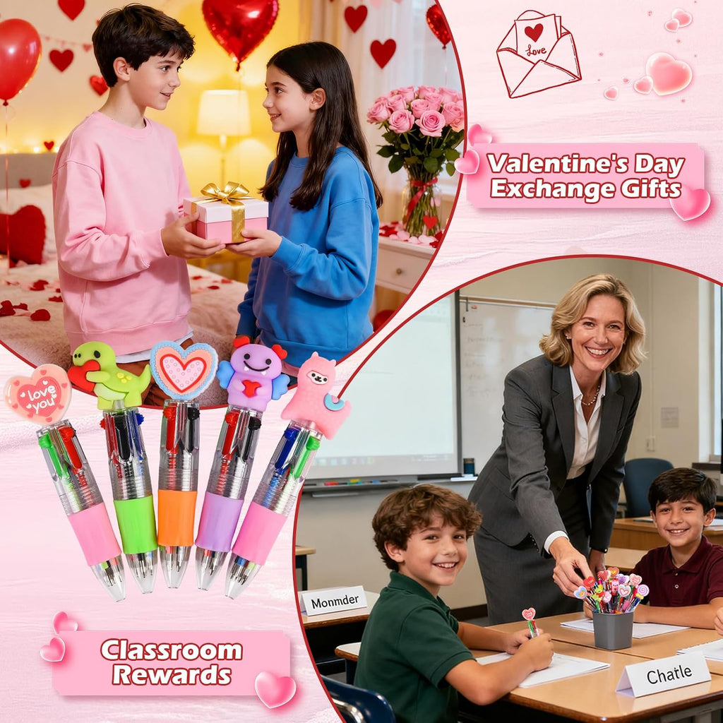 LiYiQ 100 Pcs Valentine's Day Animal Multicolor Pen in One Cartoon Cute Fun 4-in-1 Cute Pens Bulk Kawaii Heart Capybara Frog Panda Shape Lovely Ballpoint Pens for Fun Gifts