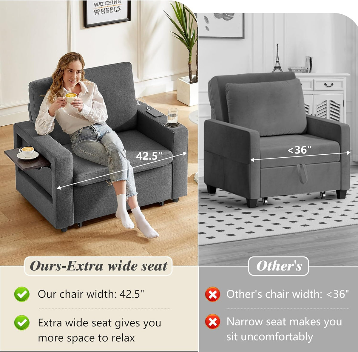 WEUP 42.5" Sleeper Chair Bed, 3-in-1 Convertible Reclining Sofa Chair wi...