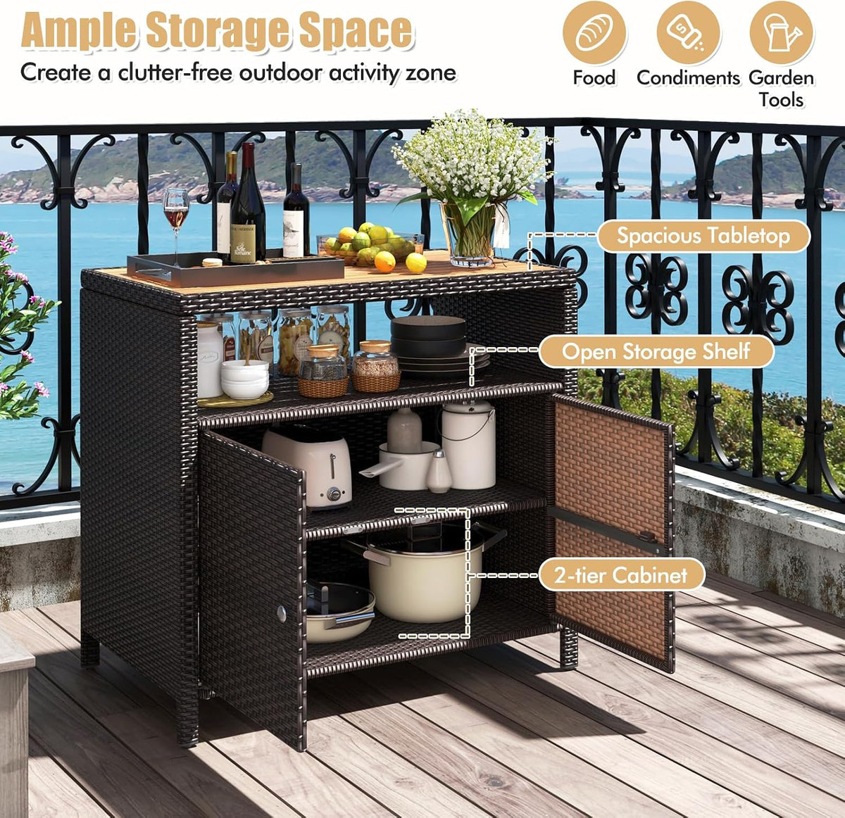RELAX4LIFE Wicker Outdoor Bar Cabinet - PE Rattan Patio Bar Table w/Acacia Wo...