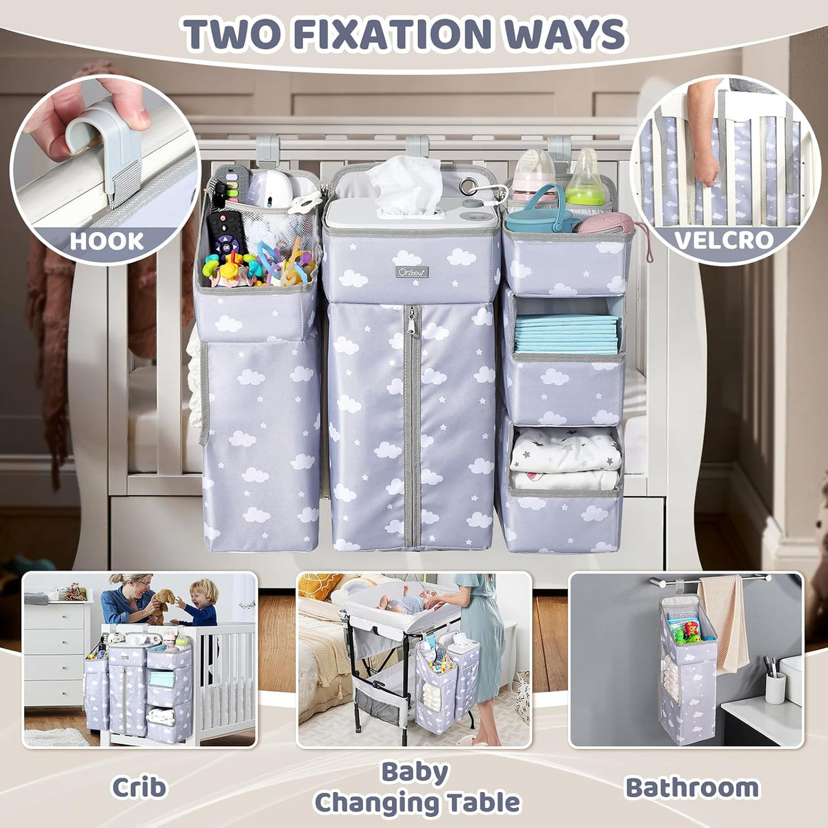 Orzbow 3-in-1 Hanging Diaper Caddy Organizer for Changing Table, Grey Cloud