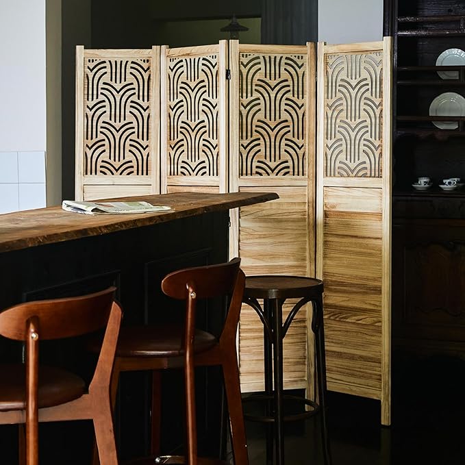 Svimi Folding Room Divider, 66.9 Inch 4 Panels Wood Carved Privacy Screens - Image 4