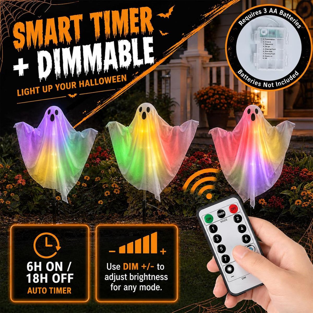 3 Pcs Halloween Lighted Ghost Stakes with Remote Control & Timer, 17.7 in...