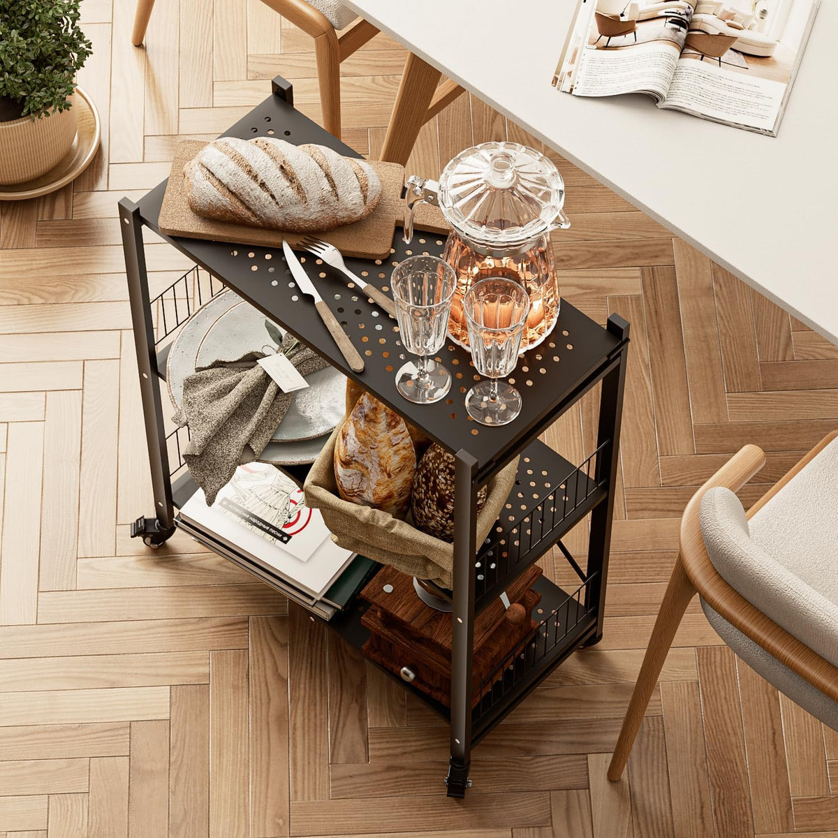 Folding Storage Shelves No Assembly, 3 Tier Metal Foldable Shelves with Wheel...
