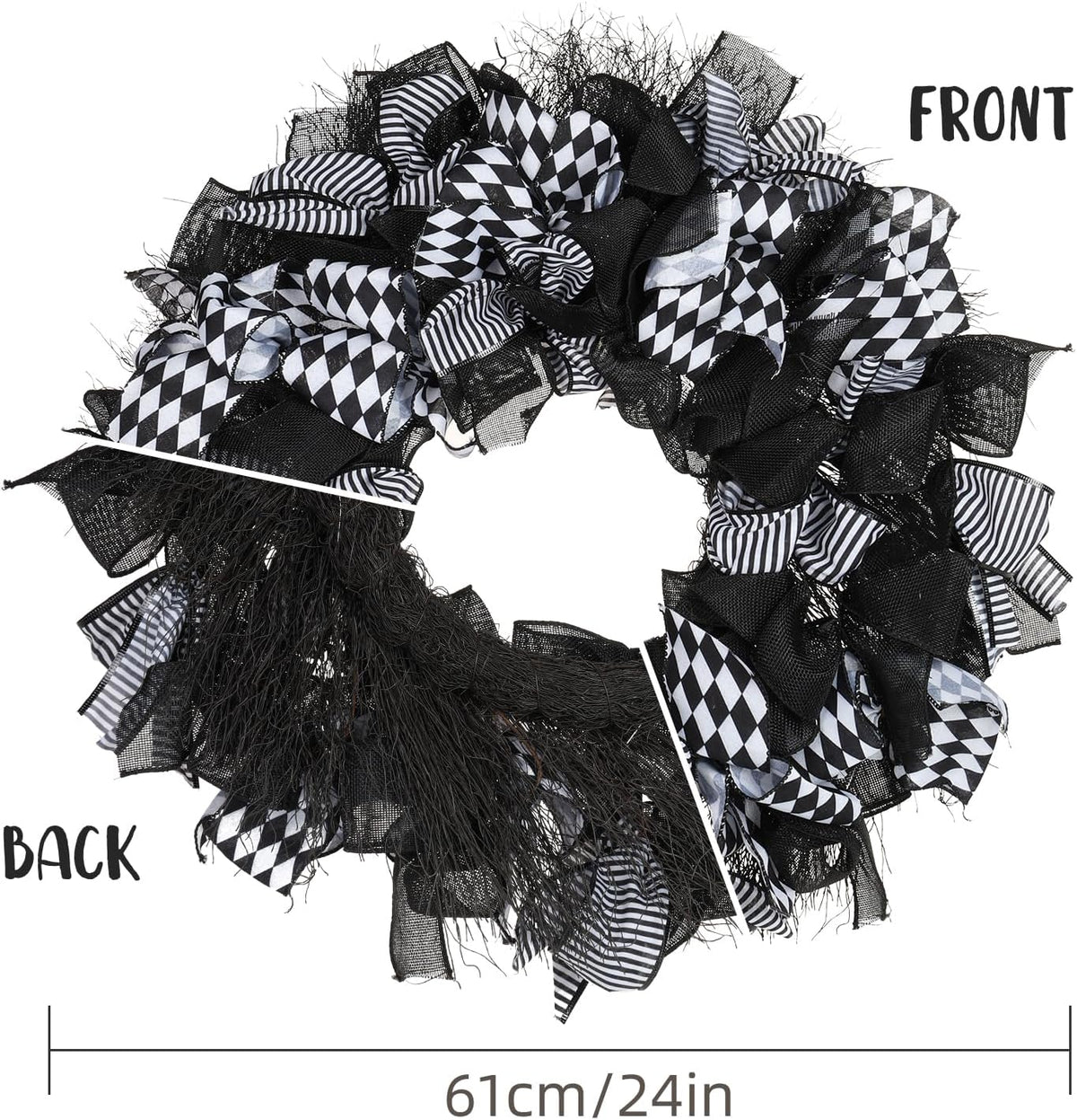 Halloween Wreath, 26 Inch, Black & White Checkered Bow