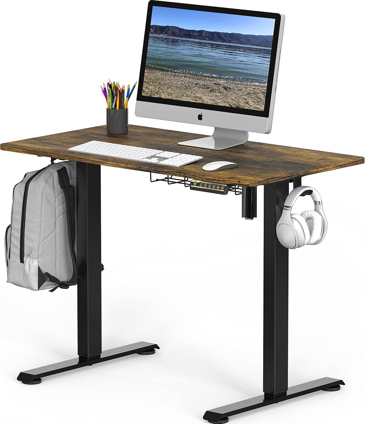 SHW 48-Inch Electric Height Adjustable Sit to Stand Desk, Rustic Brown