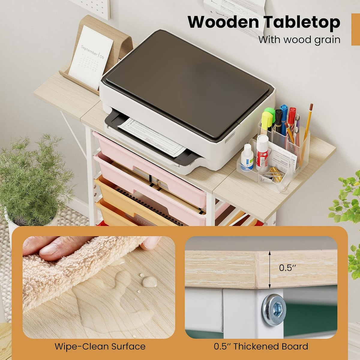 GOFLAME 8-Drawer Rolling Storage Cart with Foldable Wooden Top
