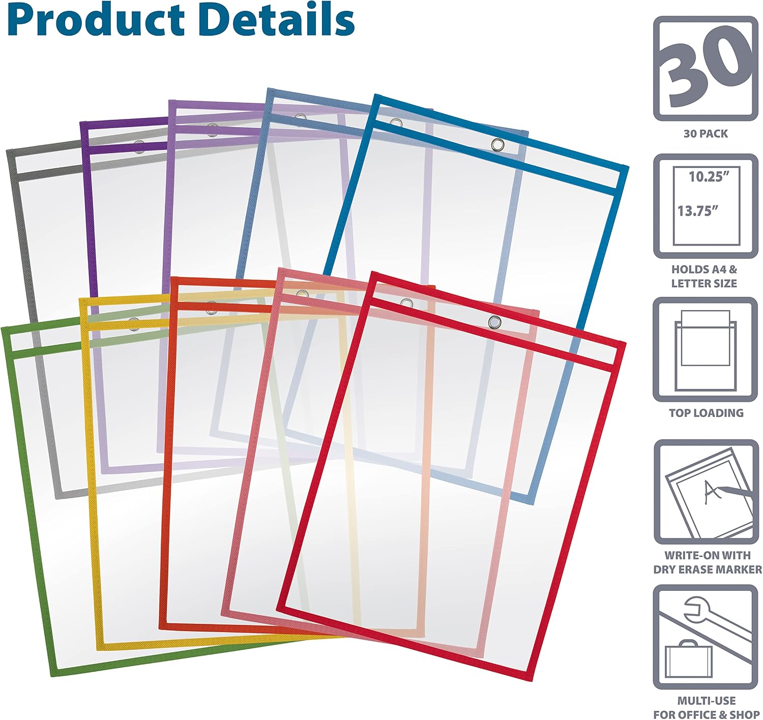Better Office Products Dry Erase Pocket Sleeves, 30 Count, Crystal Clear, Oversized, 10.25" x 13.75", Heavy Duty Dry Erase Pocket Sheet Protectors, Reusable Pockets with 10 Assorted Colors, 30 Pack