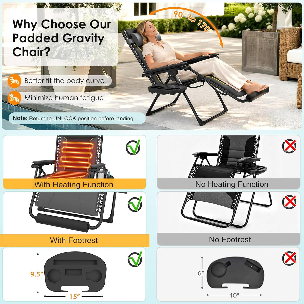 Suteck Heated Zero Gravity Chair, 400LBS 30.3" Padded Antigravity Chairs