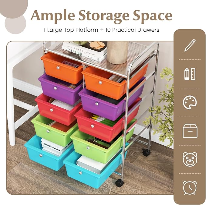 GOFLAME 10-Drawer Rolling Storage Cart, Art Craft Storage Organizer on Wheels - Image 4