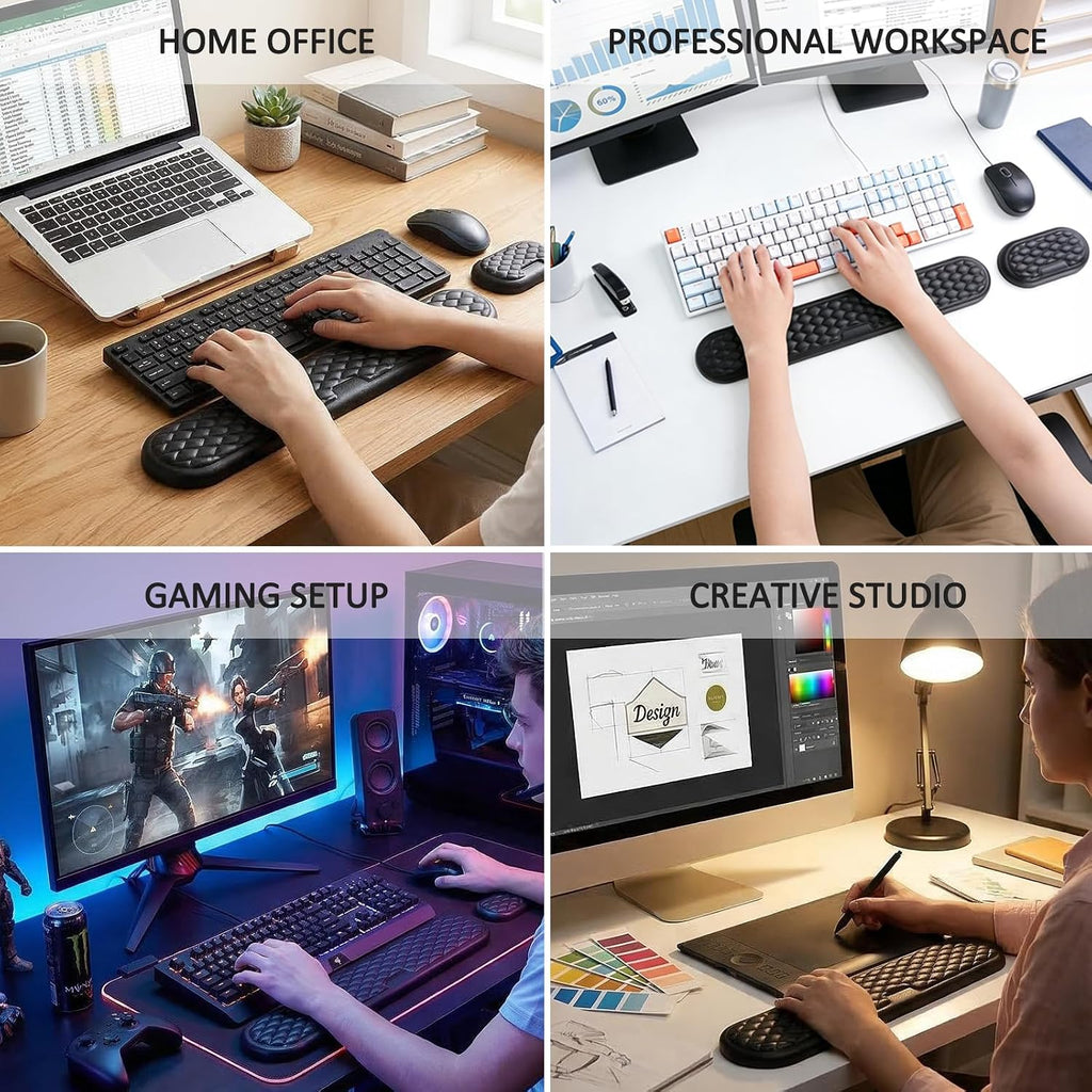 Wrist Rest for Keyboard and Mouse, Ergonomic Memory Foam Keyboard Set with Non-Slip Base, Soft Arm Cushion & Palm Support for Office, Home, Gaming & Laptop Typing, Reduces Fatigue & Strain, Black