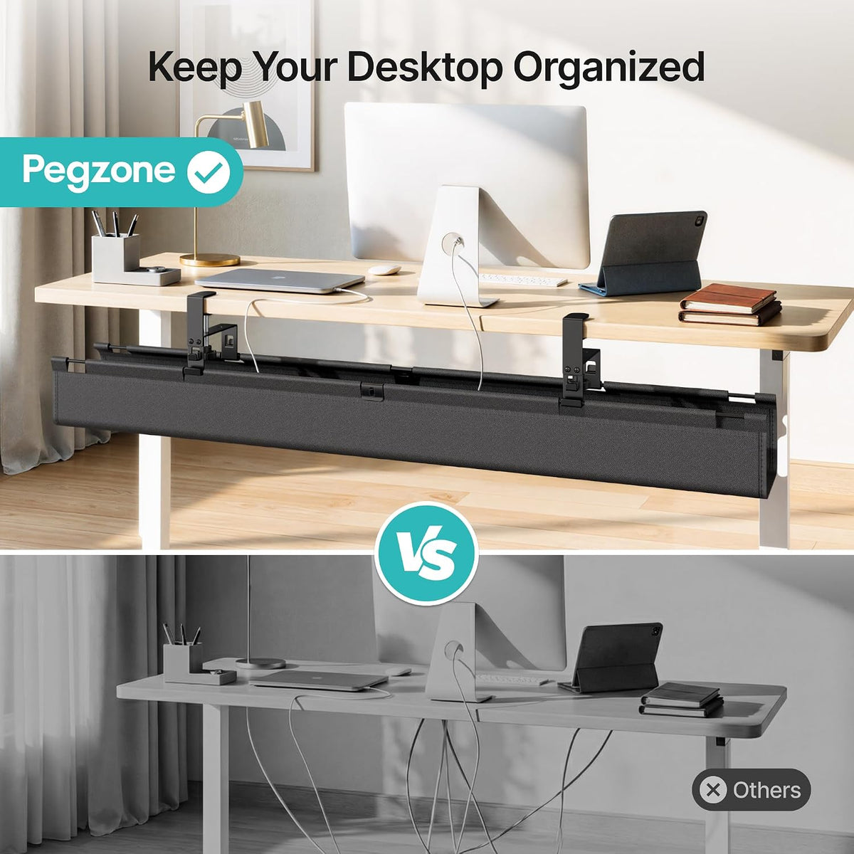 PEGZONE No Drill Under Desk Cable Management Tray, 47.2" Fabric Organizer