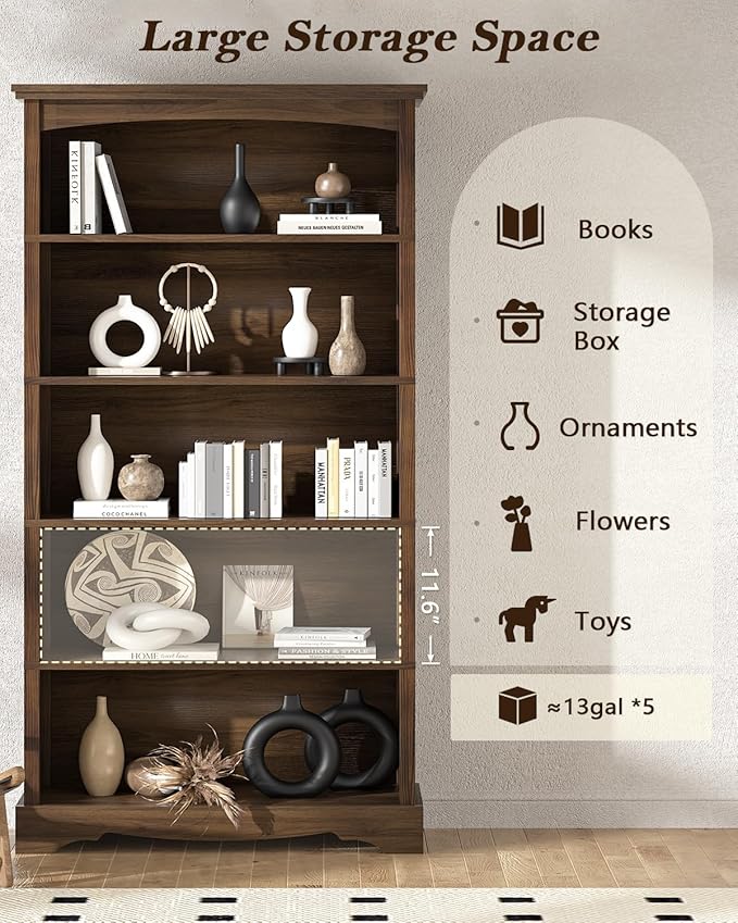 TVU 5-Tier Wooden Bookshelf, 65 Inch Tall Bookshelf - Image 5