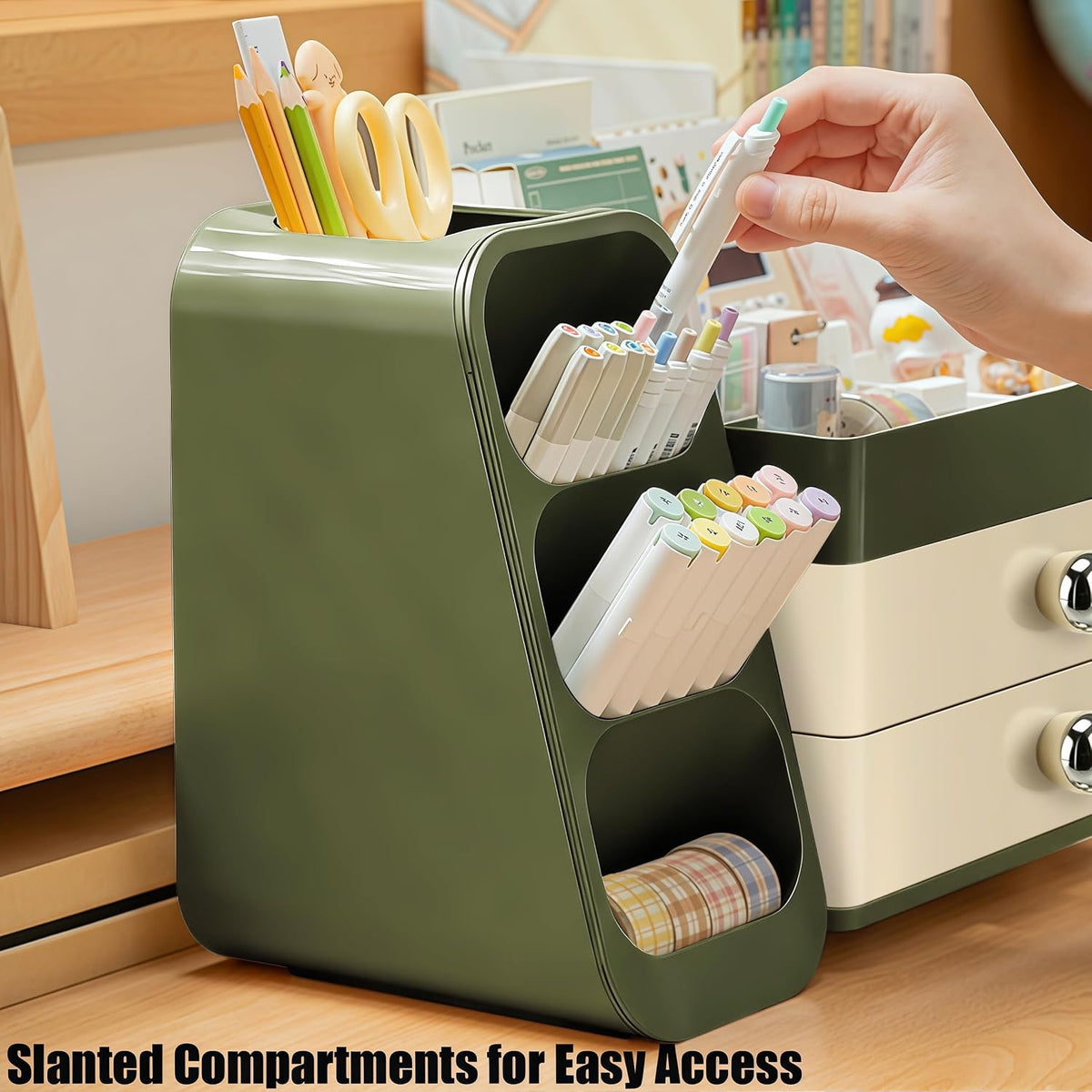 desk organizer with pen pencil holder, pen organizer, side view
