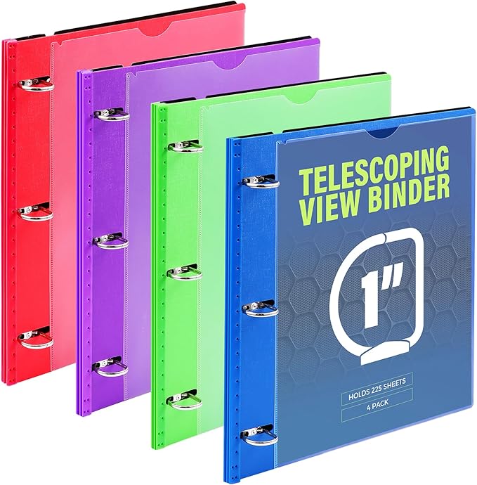 WOT I 1 Inch Telescoping 3 Ring Binder 4 Pack, Expandable Flexible Binder by WOTI