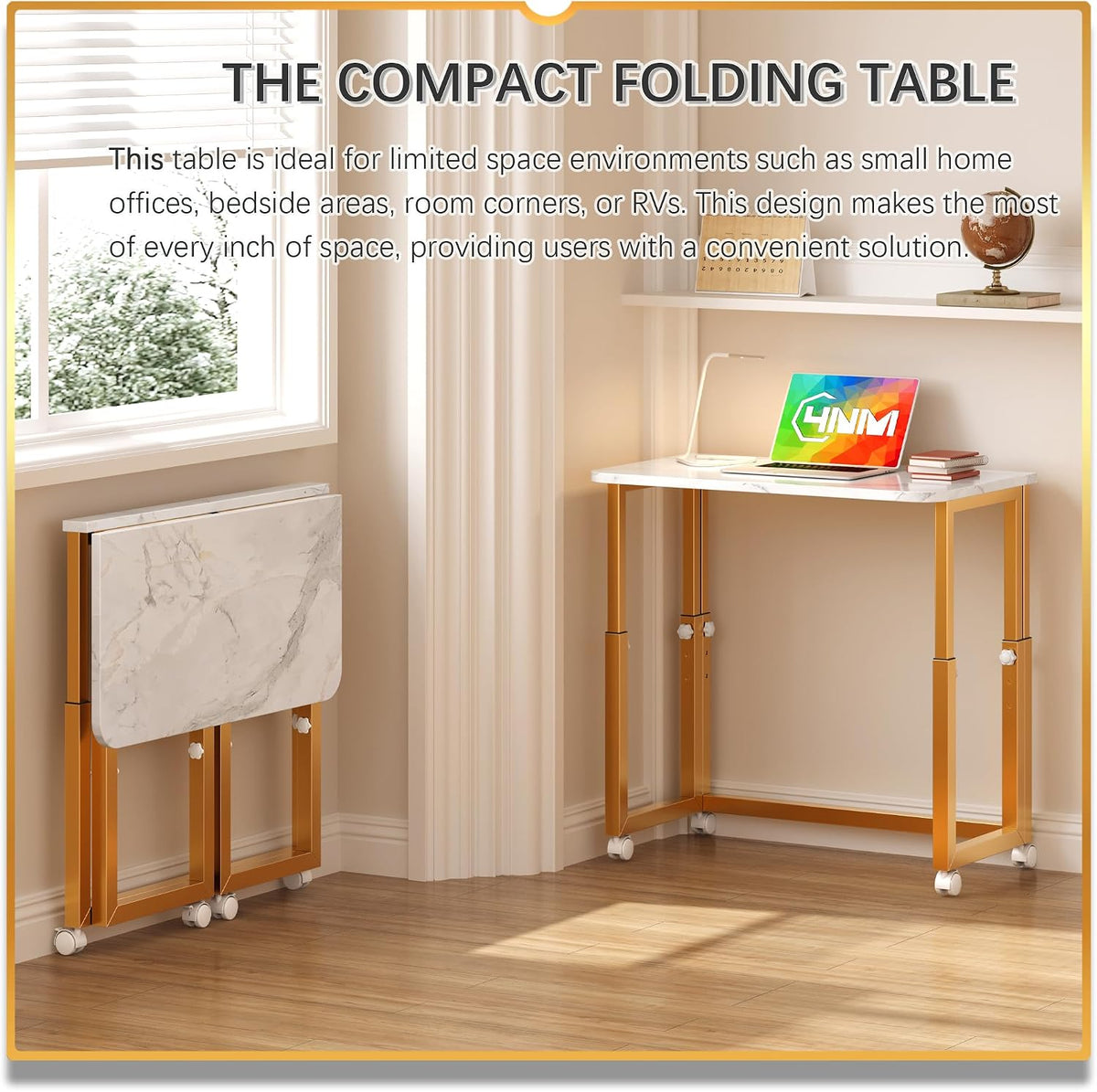 4NM No Tool Assembly 27.5" Small Desk, Folding Portable Desk with Wheels...
