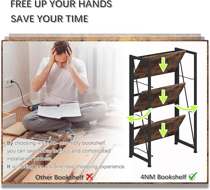 4NM No Assembly Folding Bookshelf Storage Shelves 3 Tiers Vintage Bookcase - Image 6