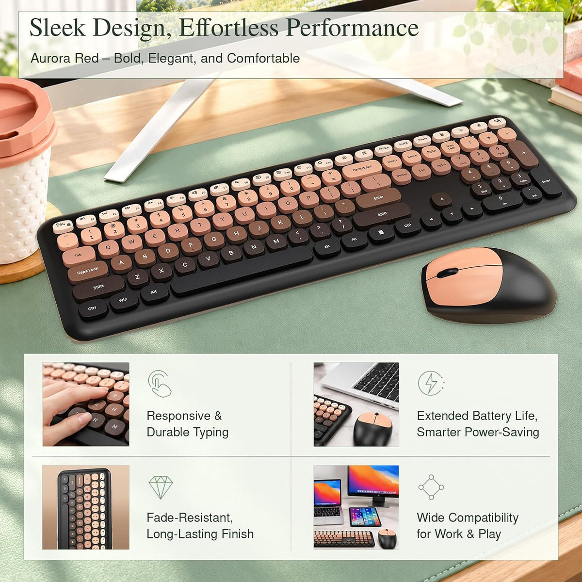Wireless Keyboard and Mouse Combo, Colorful Ergonomic Full Size Retro Low-Noi...