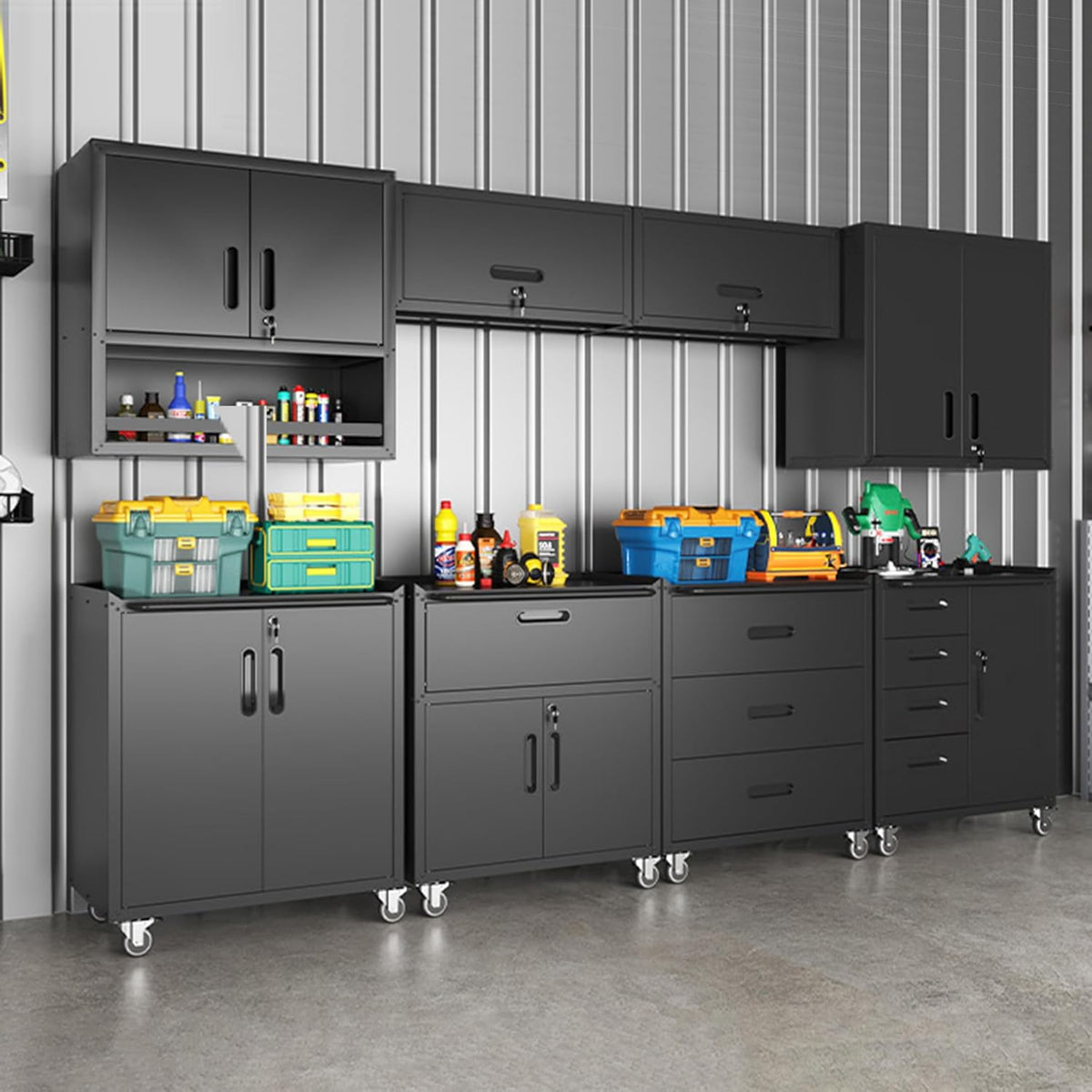 Black Garage Storage Cabinets System 6 PCS Workshop Set with Drawers Locking ...