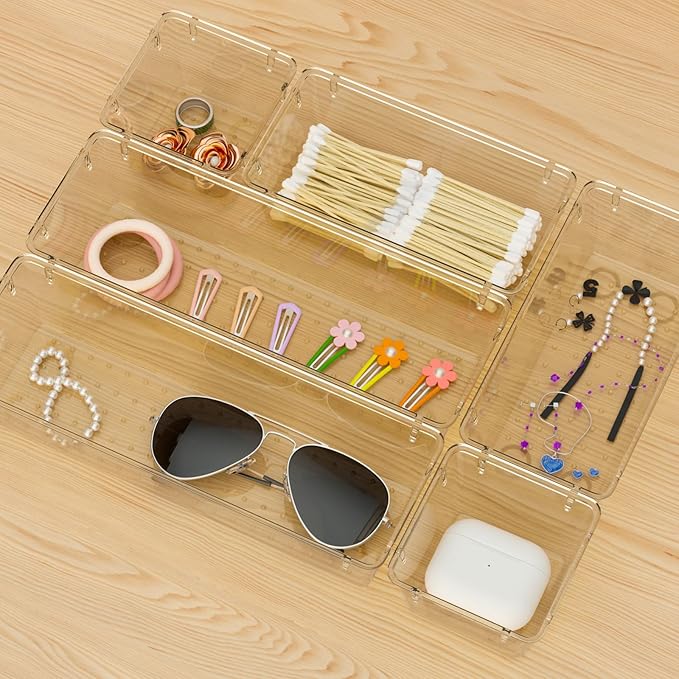 WOWBOX 9 Pack Clear Drawer Organizer Set, Acrylic Drawer Storage Trays - Image 6